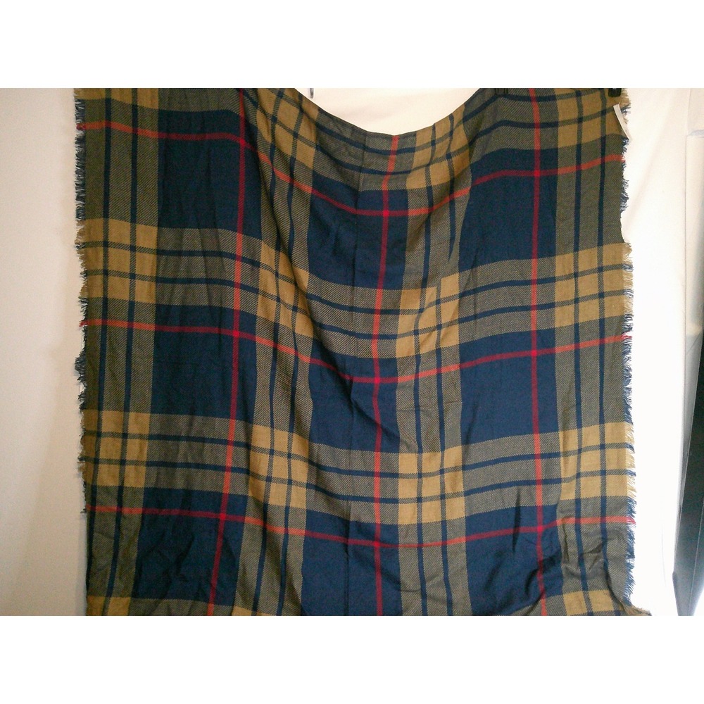 em+me Plaid Blanket Scarf Wrap Shawl Blue Beige Red Fringe Cozy Soft $18 NWT